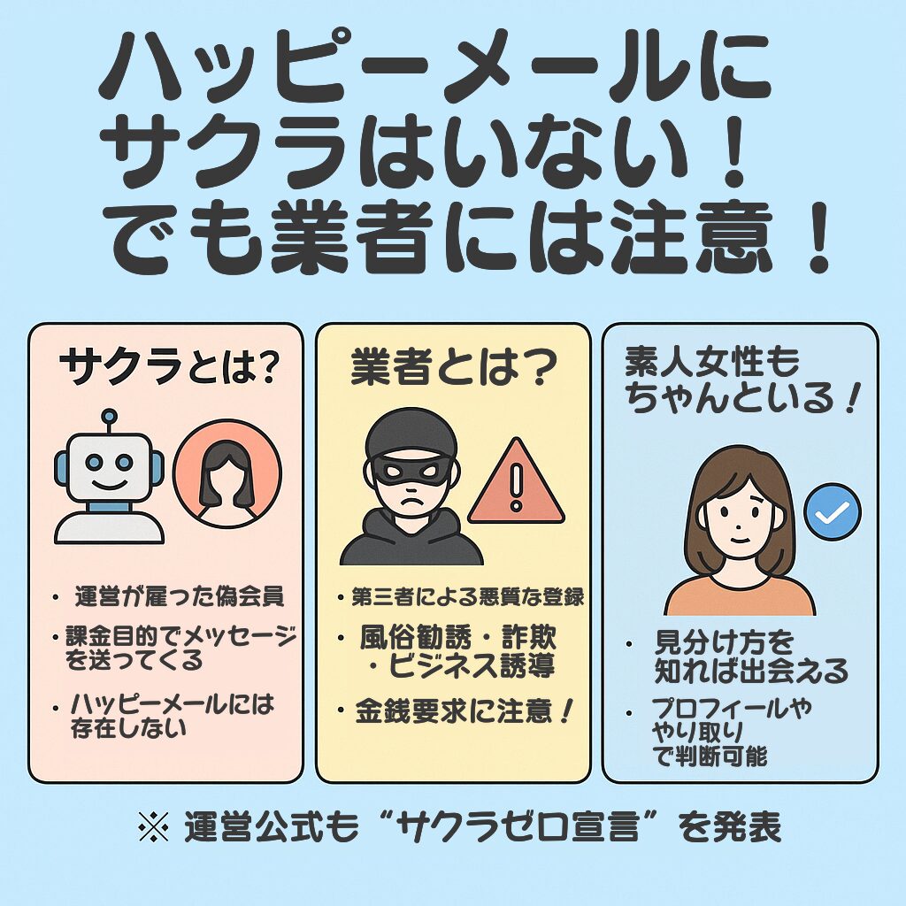 ハッピーメールはサクラと業者しかいない？見分ける方法を8つ紹介ハッピーメールには サクラはいないが業者には注意！ 