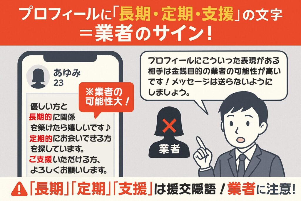 ハッピーメールはサクラと業者しかいない？見分ける方法を8つ紹介プロフィールの自己紹介 文章に長期定期 支援などの援交を示す 隠語が入っているのは業者である可能性が高い