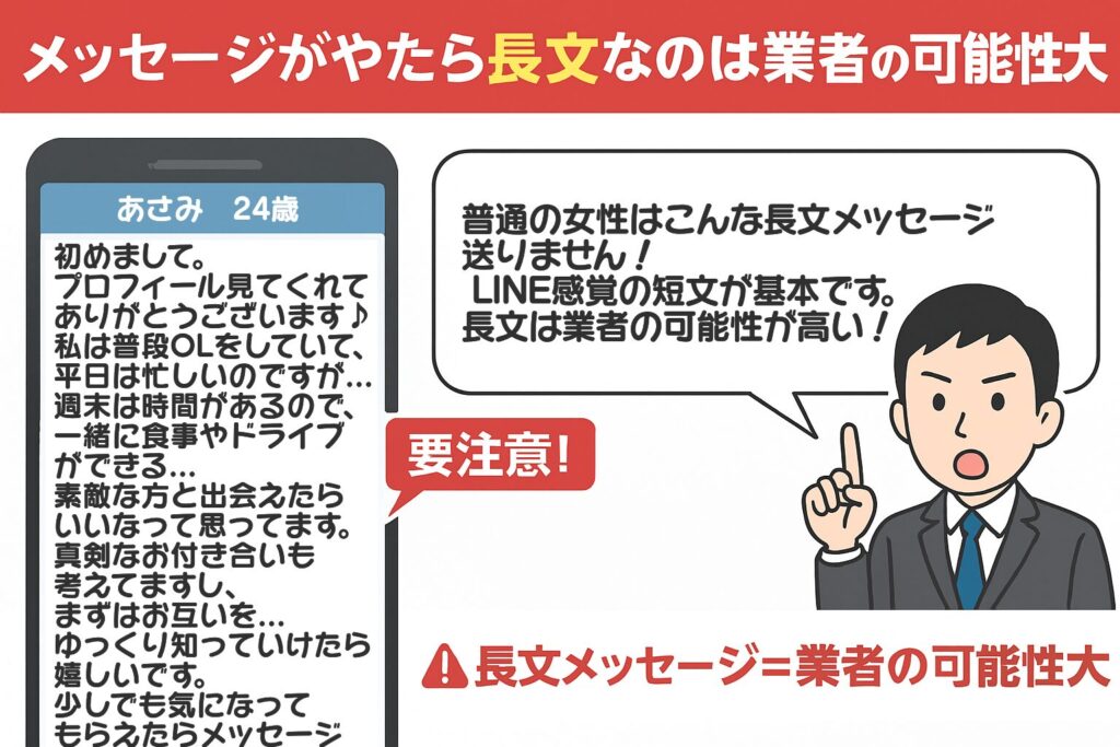 ハッピーメールはサクラと業者しかいない？見分ける方法を8つ紹介メッセージの文章がやたら長文なのは業者の可能性が高い