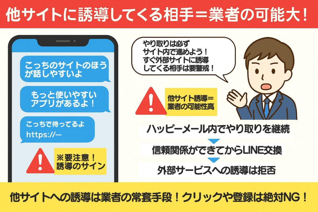 ハッピーメールはサクラと業者しかいない？見分ける方法を8つ紹介他サイトに移動させようとしてくる相手は業者の可能性が高い