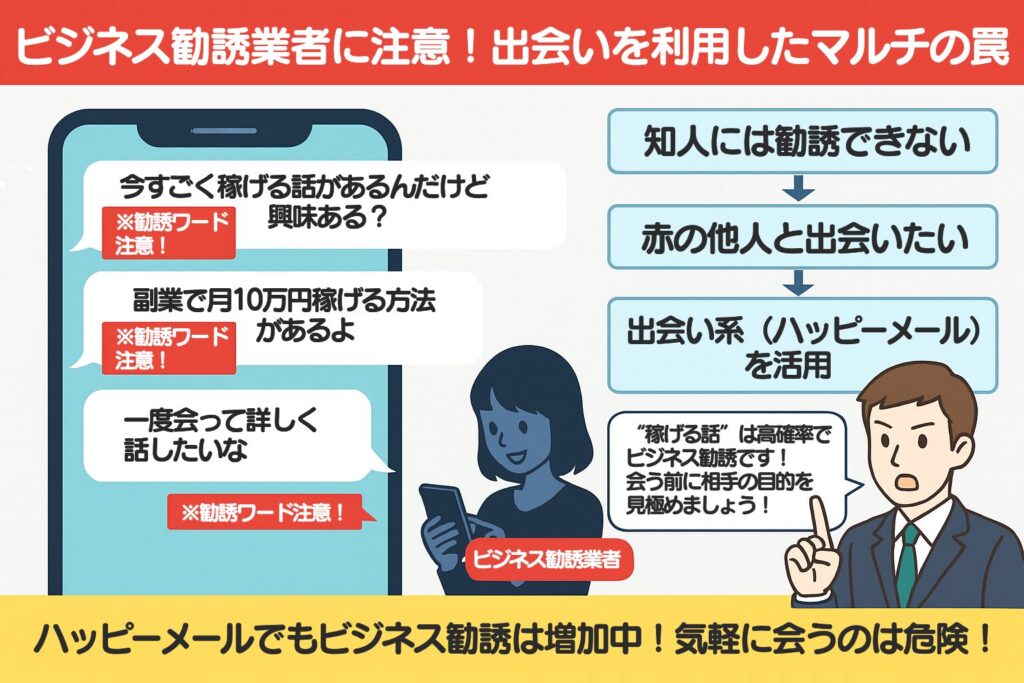 ハッピーメールはサクラと業者しかいない？見分ける方法を8つ紹介ビジネス 勧誘業者