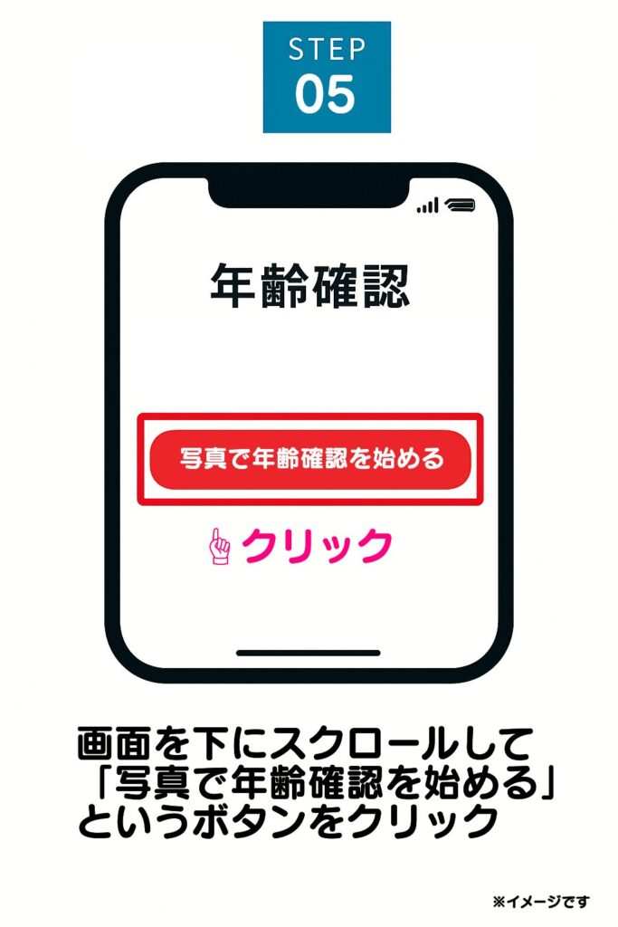 写真での年齢確認画面が表示されたら、画面を下にスクロールして「写真で年齢確認を始める」というボタンをクリックしてください。