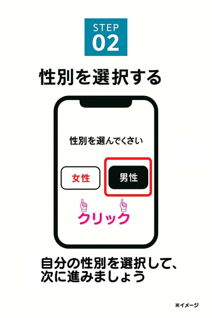 「今すぐ無料で始める」をクリックすると、性別を選ぶ画面が表示されます。自分の性別を選択して、次に進みましょう。