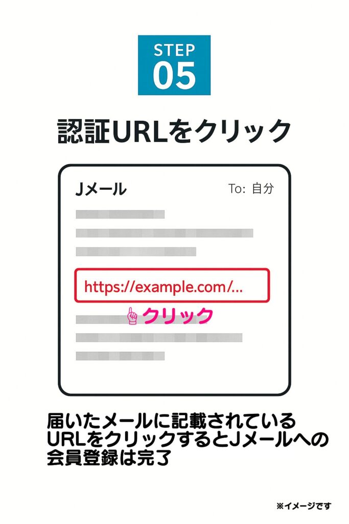 届いたメールに記載されているURLをクリックすることで、メールアドレスの認証が完了します。以上で、Jメールへの会員登録は完了です。